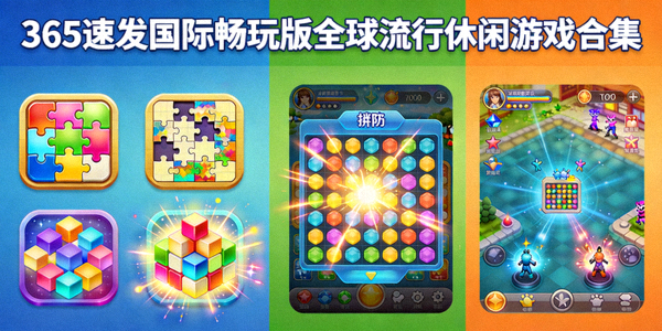 365速发国际畅玩版精选的全球流行休闲游戏合集展示，如拼图、消除类游戏