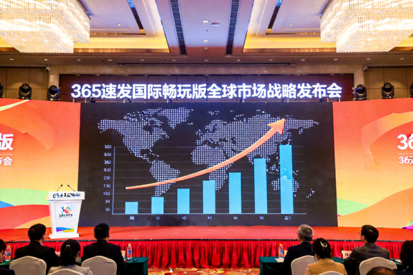 365速发国际畅玩版全球市场战略发布会现场图片，展示世界地图与增长曲线