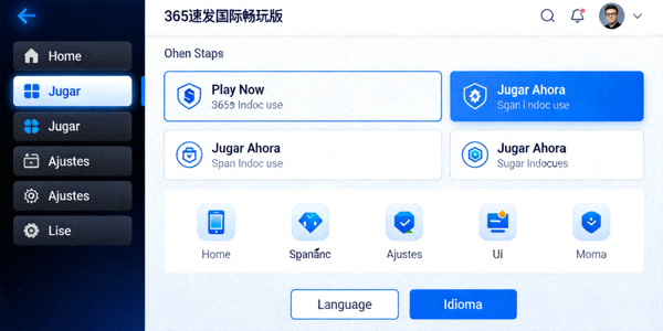 365速发国际畅玩版多语言界面展示，支持英语、西班牙语等多种语言切换