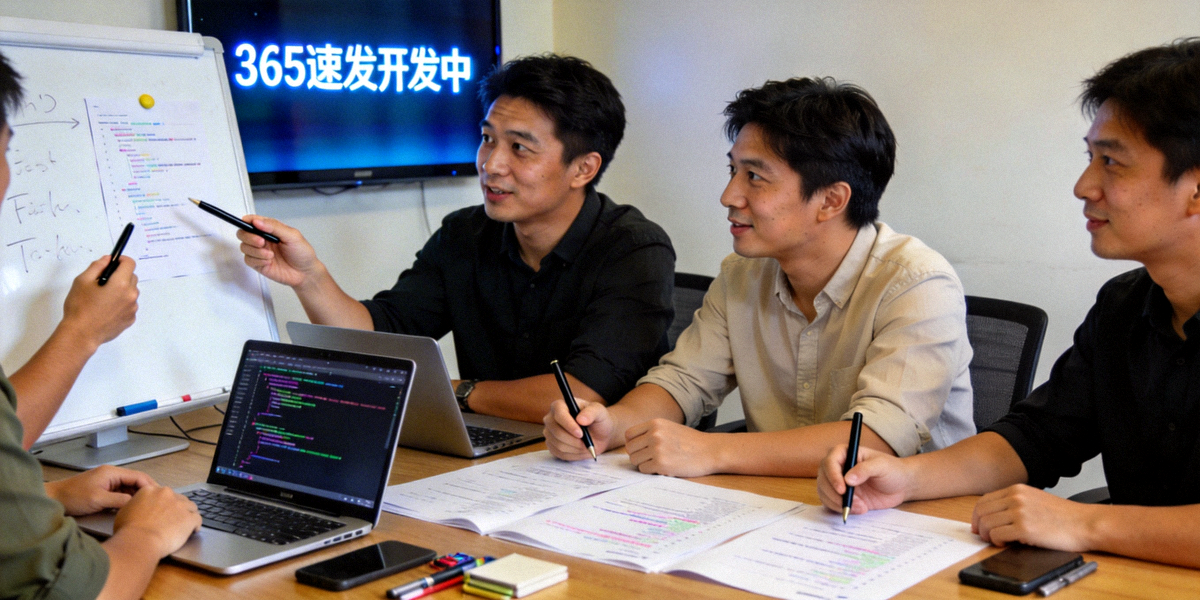 365速发开发团队核心成员正在进行技术讨论的工作场景照片
