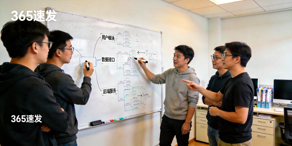 365速发开发团队在白板前讨论产品架构和技术方案的照片