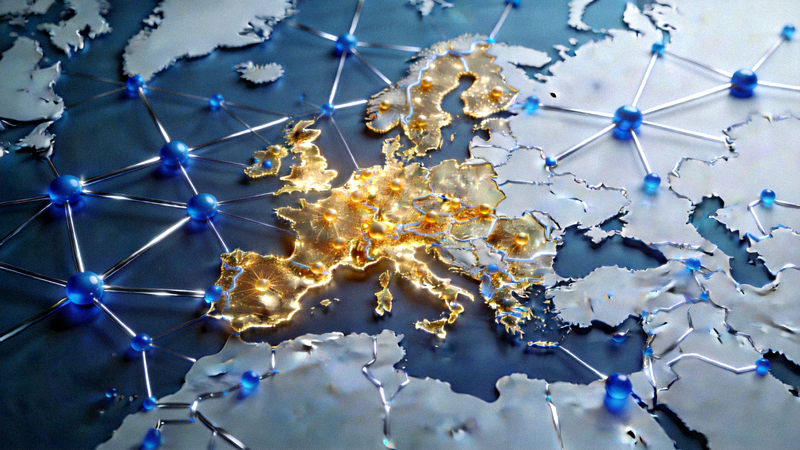 象征全球服务的网络节点图，中心位置突出显示欧洲区域